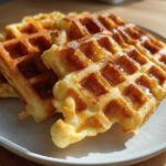Close-up of golden brown high protein waffles drizzled with syrup on a light plate.