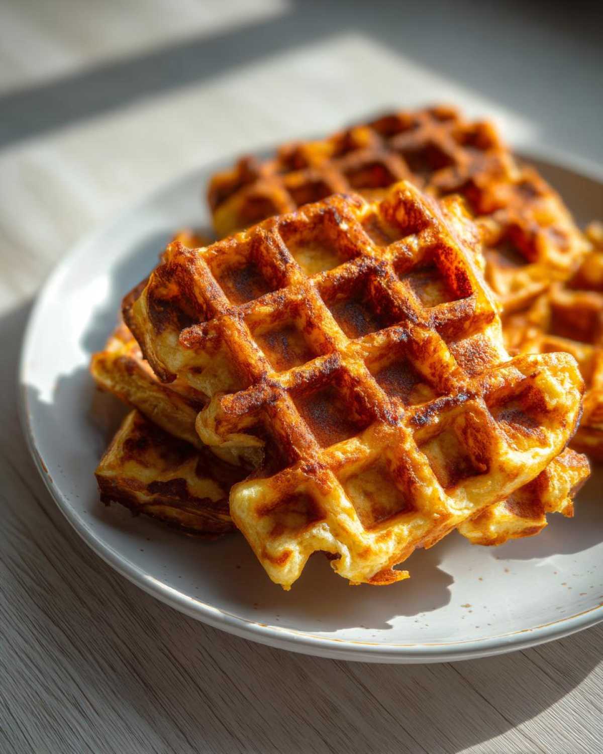 A stack of golden brown, crispy high protein waffles sits on a light speckled plate, bathed in sunlight.
