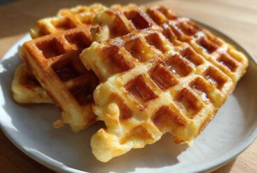 Close-up of golden brown high protein waffles drizzled with syrup on a light plate.