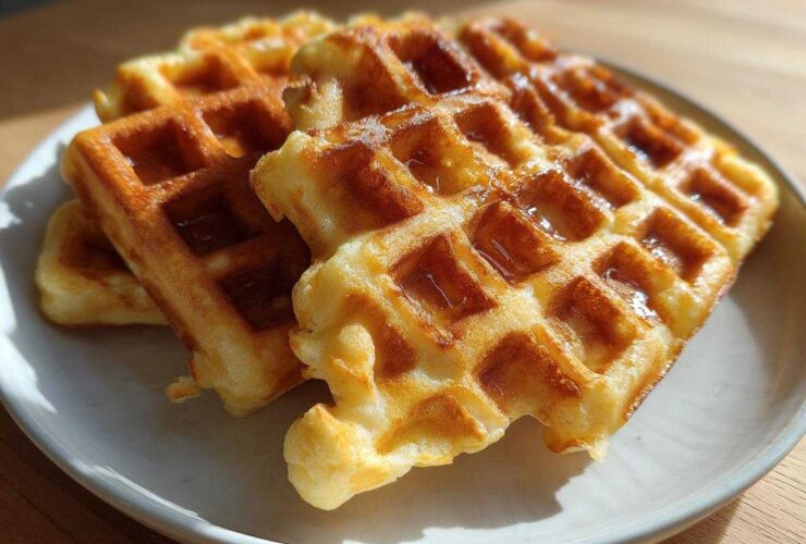 Close-up of golden brown high protein waffles drizzled with syrup on a light plate.