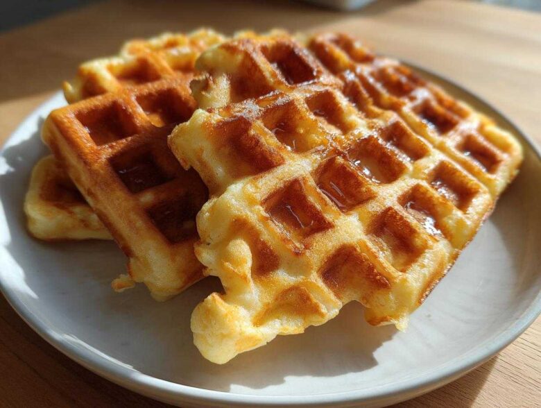 Close-up of golden brown high protein waffles drizzled with syrup on a light plate.