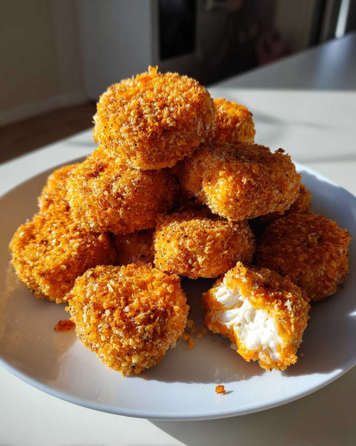 A pile of golden, crispy homemade chicken nuggets on a white plate, one nugget is broken open showing white chicken meat.