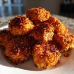 A close-up of perfectly golden, crispy homemade chicken nuggets piled high on a white plate.