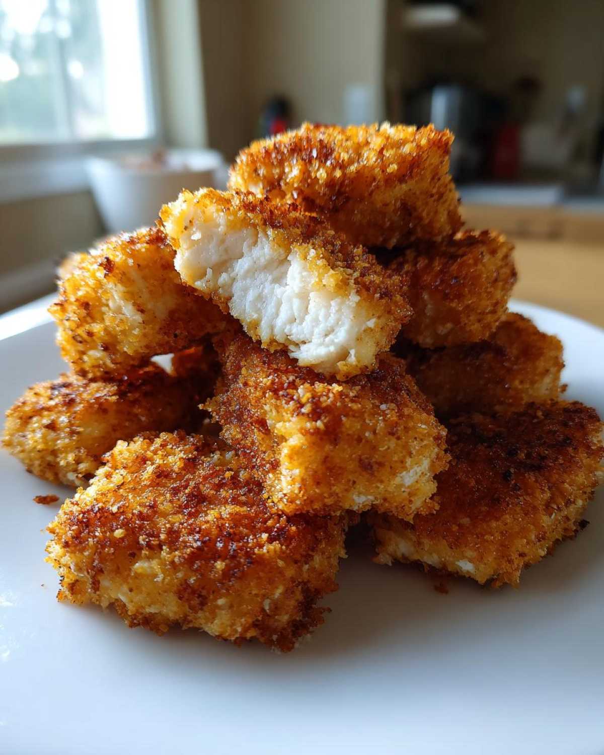 A close-up stack of crispy, golden homemade chicken nuggets, one broken open to show the white chicken meat inside.