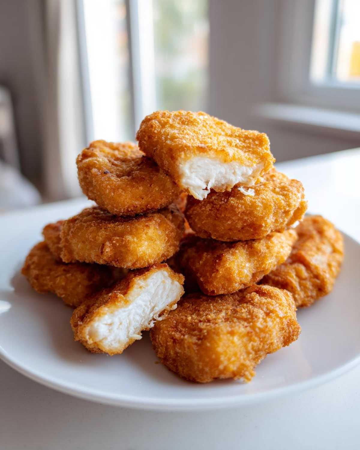 A stack of golden brown homemade chicken nuggets on a white plate, one nugget is broken open showing white meat inside.