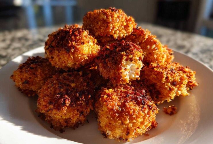 A close-up of perfectly golden, crispy homemade chicken nuggets piled high on a white plate.