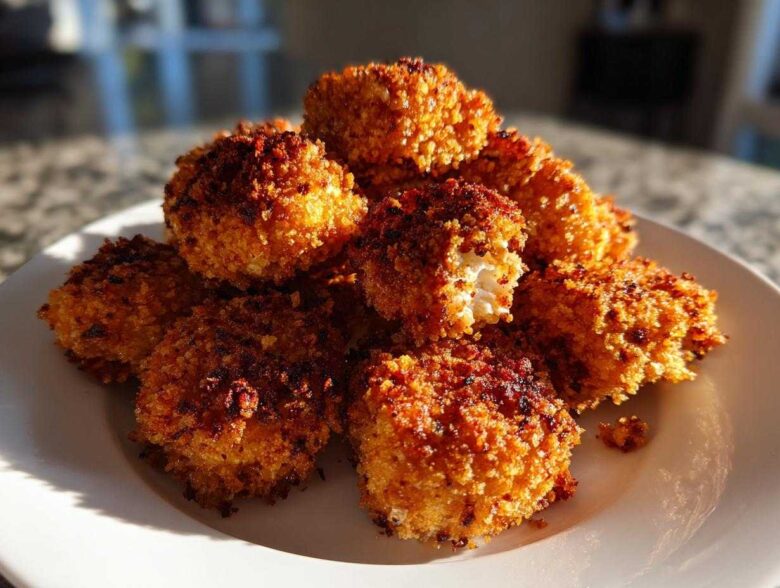 A close-up of perfectly golden, crispy homemade chicken nuggets piled high on a white plate.