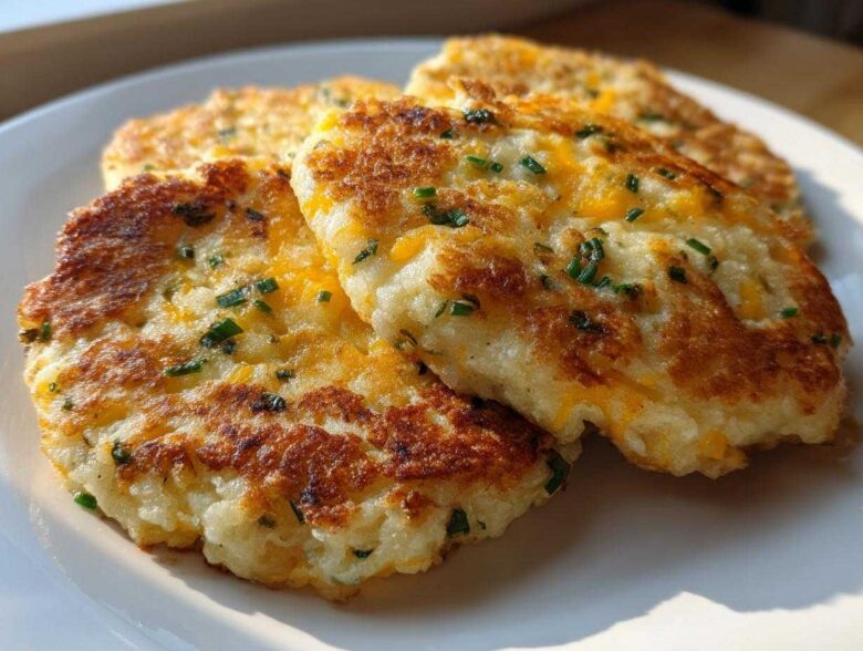Three crispy, golden brown mashed potato cakes topped with melted cheddar cheese and fresh chives, served on a white plate.
