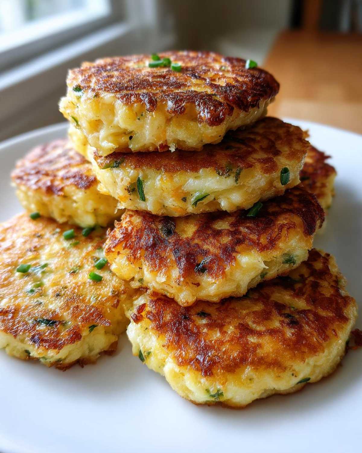 A stack of perfectly pan-fried mashed potato cakes, golden brown and garnished with fresh chives.