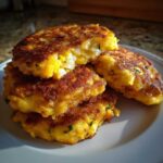 A stack of four golden brown, crispy mashed potato cakes, one broken open to show the texture inside.