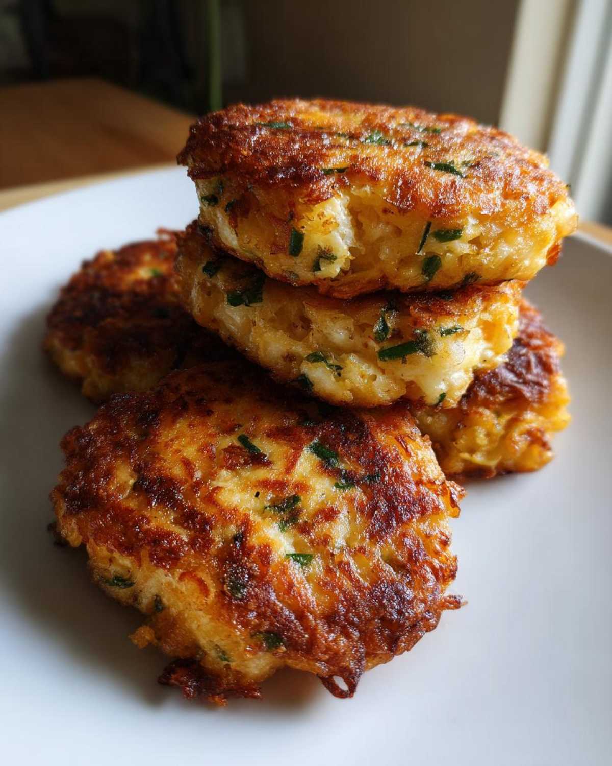 A stack of four golden brown, pan-fried mashed potato cakes flecked with green herbs.