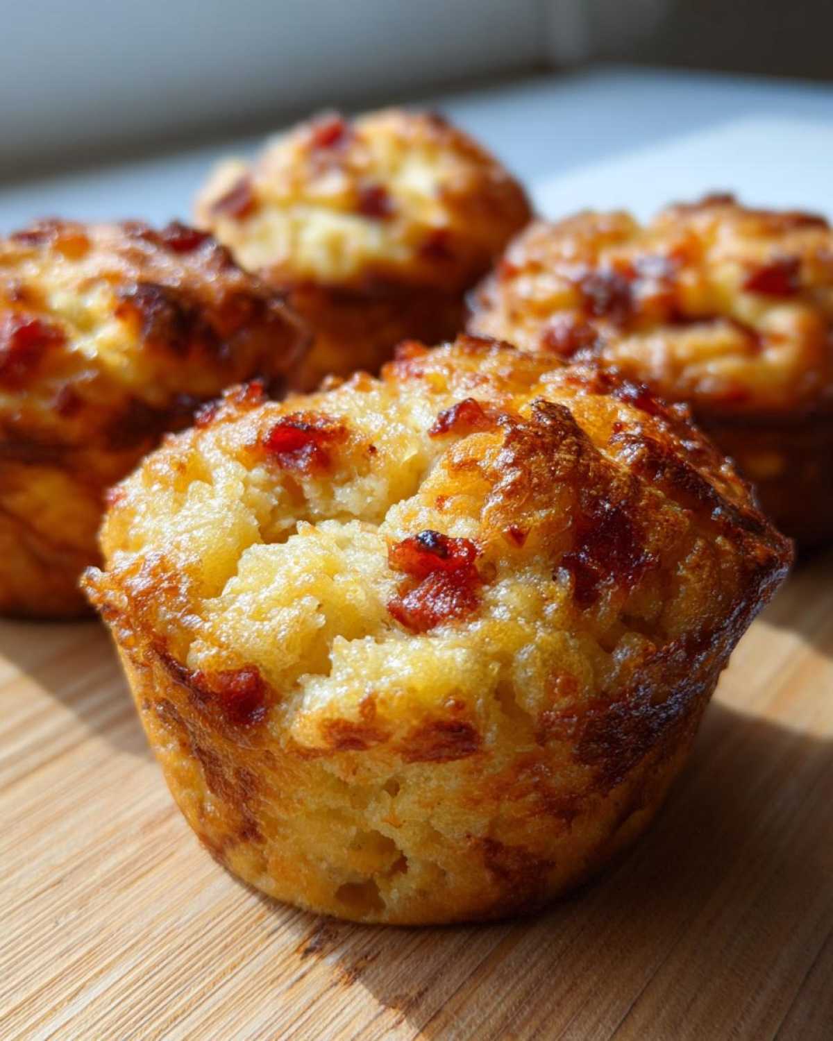 Close-up of a freshly baked pizza muffin with browned, cheesy top, sitting on a wooden surface.