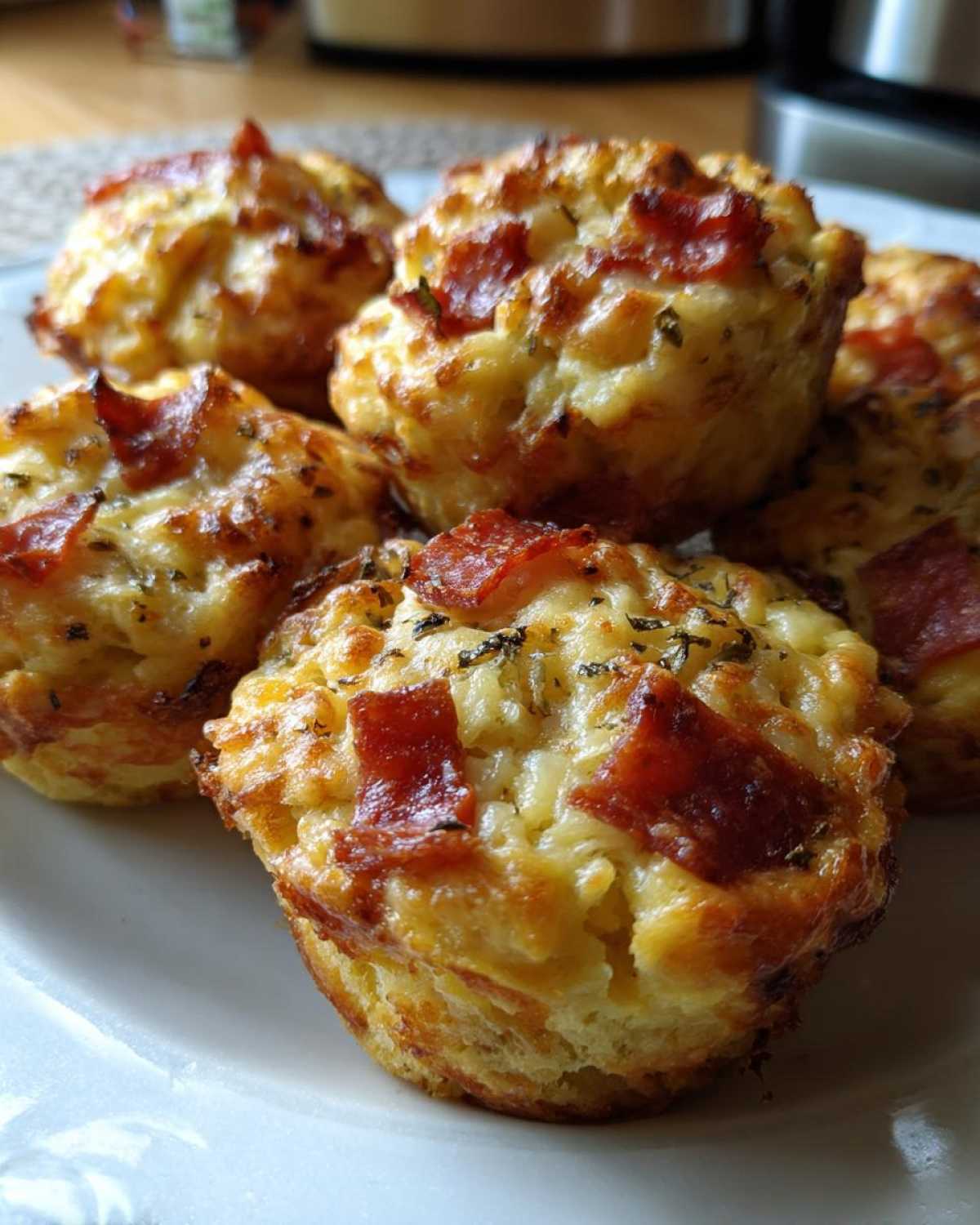 Close-up of several golden brown pizza muffins topped with melted cheese and pepperoni pieces.