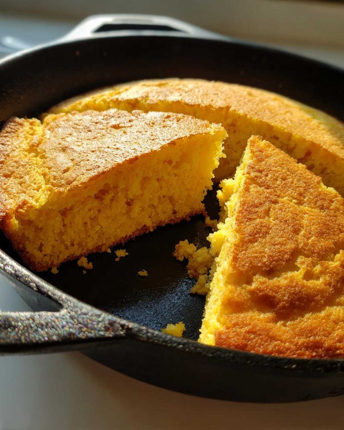 A golden-yellow, freshly baked skillet cornbread with two slices cut out, sitting in a black cast iron pan.