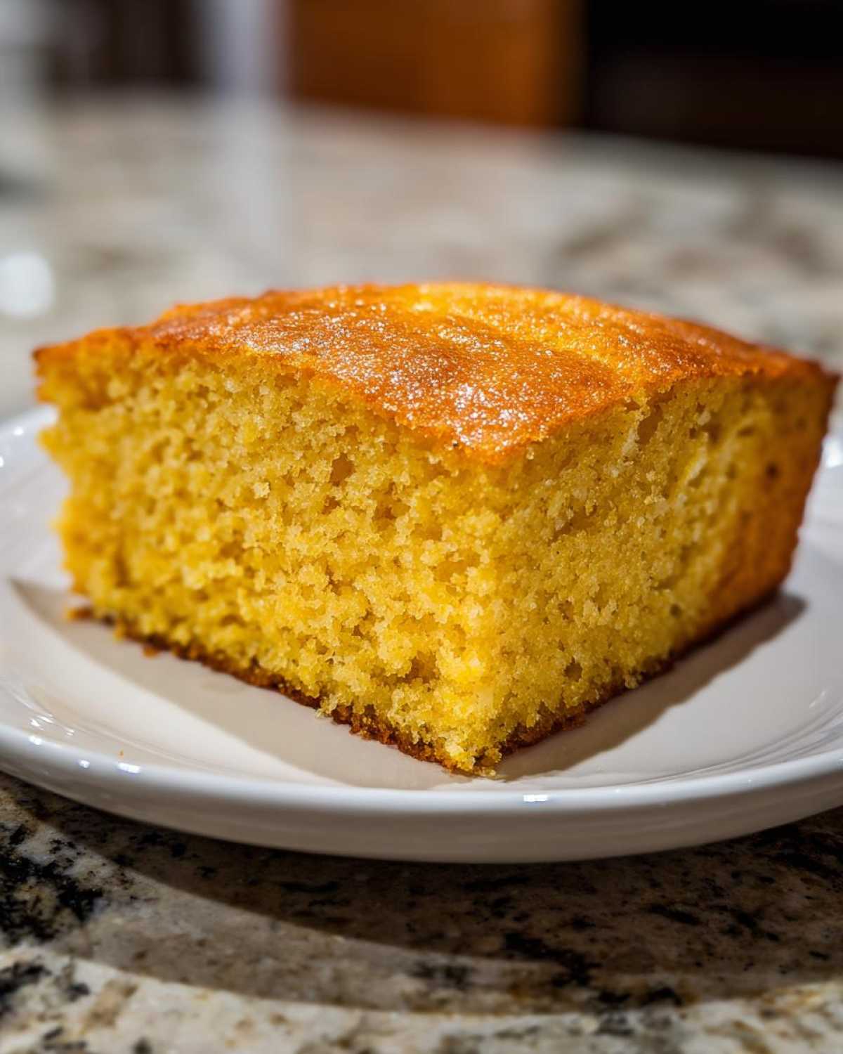 A close-up of a square slice of moist, golden sourdough cornbread sitting on a white plate.