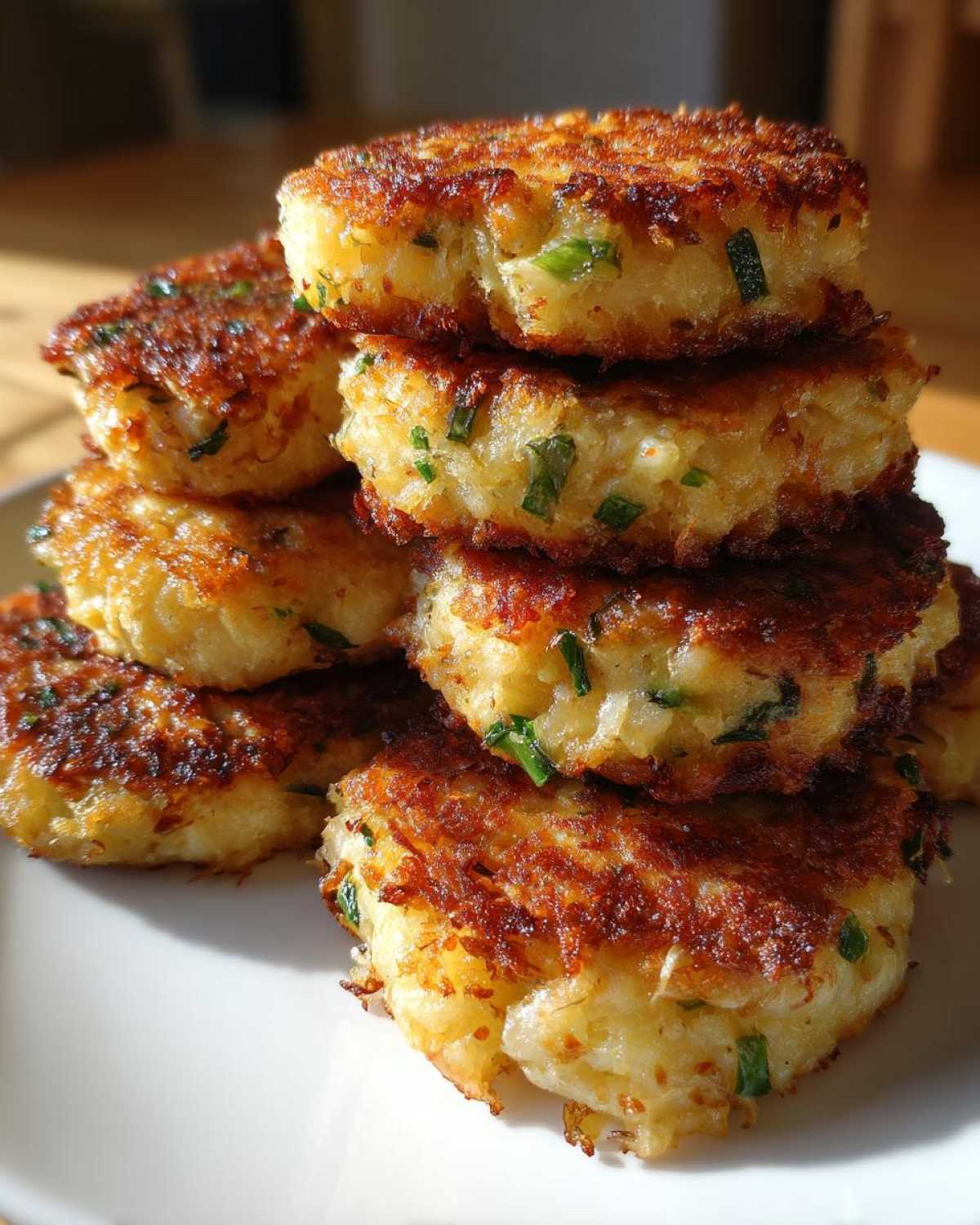 A tall stack of golden brown, pan-fried mashed potato cakes flecked with green herbs on a white plate.