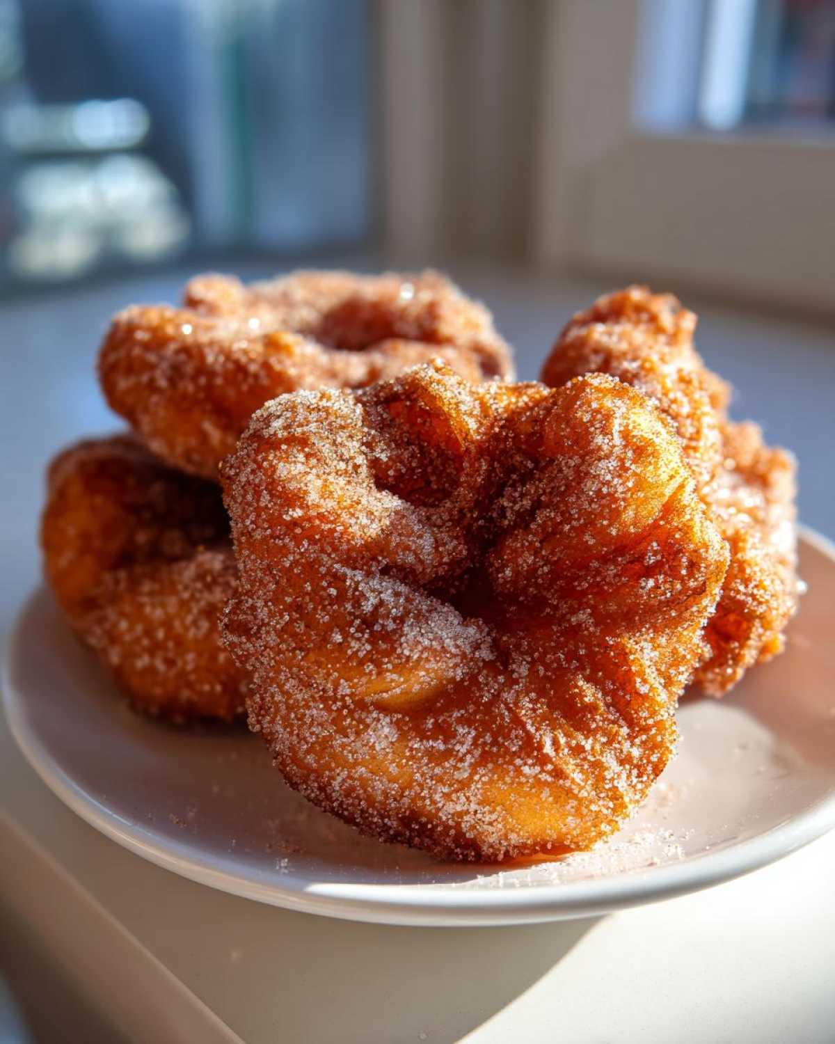 Close-up of several golden-brown buñuelos generously coated in sparkling white sugar, sitting on a white plate.