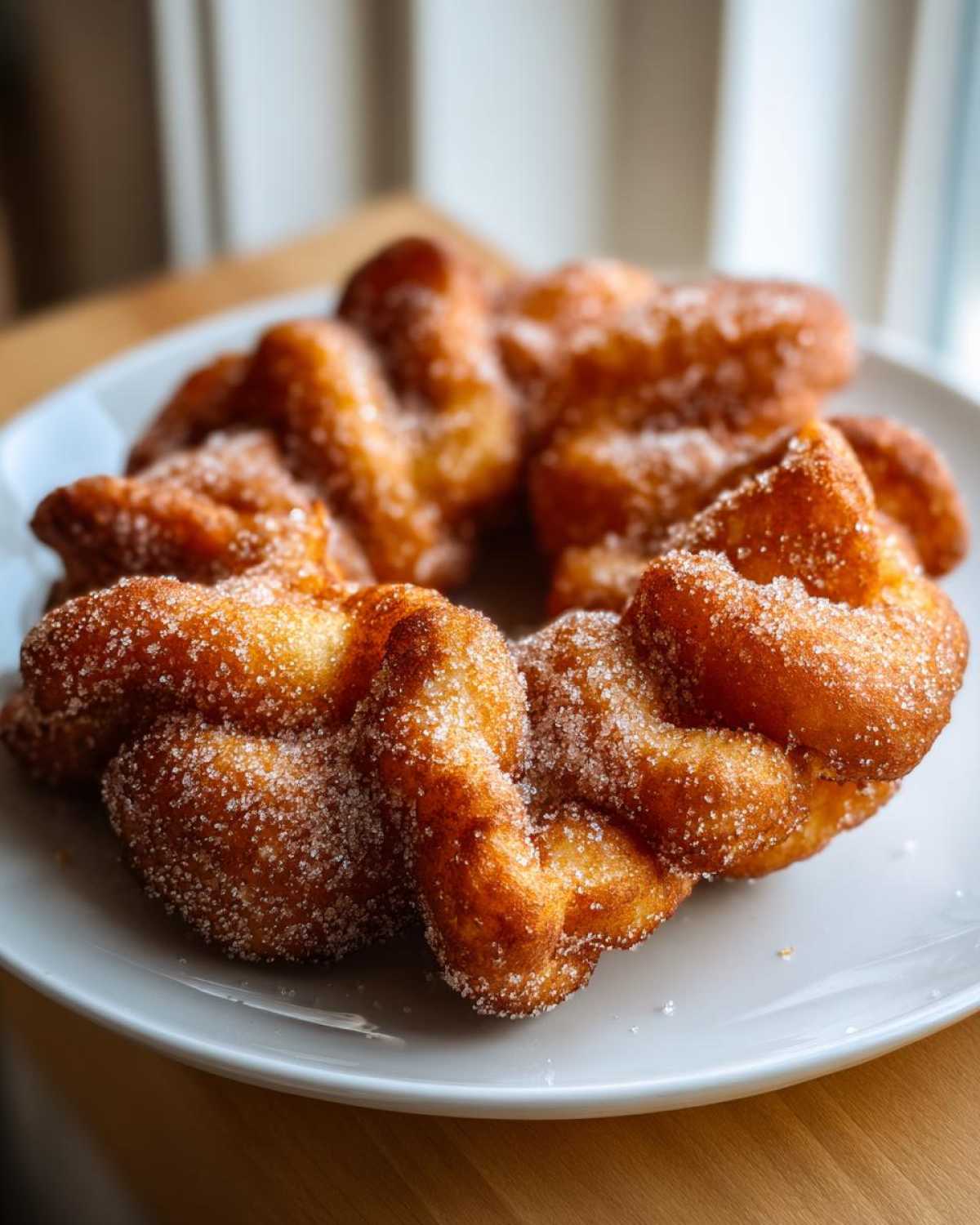 Close-up of twisted, golden-brown buñuelos heavily coated in granulated sugar on a white plate.