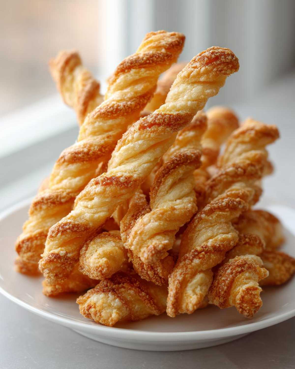 A pile of golden, flaky, twisted cheese straws recipe snacks stacked on a white plate.