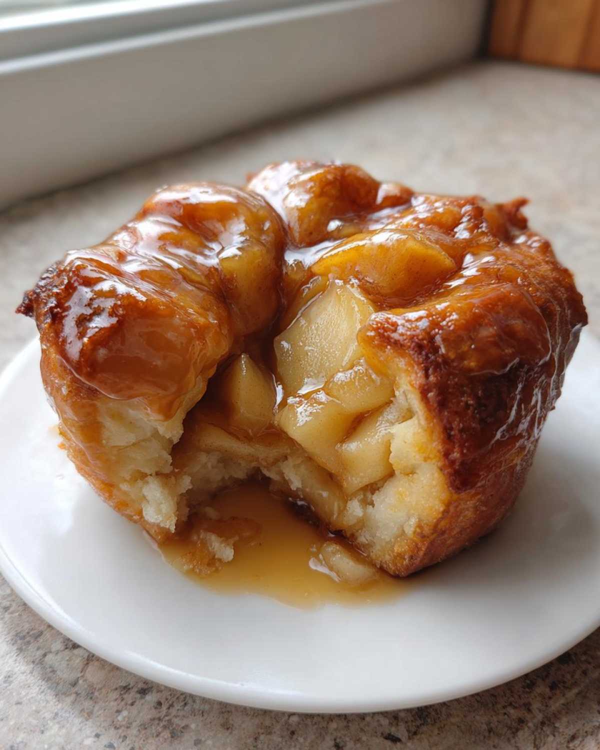 A warm, gooey apple dumpling with a bite taken out, showing soft dough and caramelized apple filling.