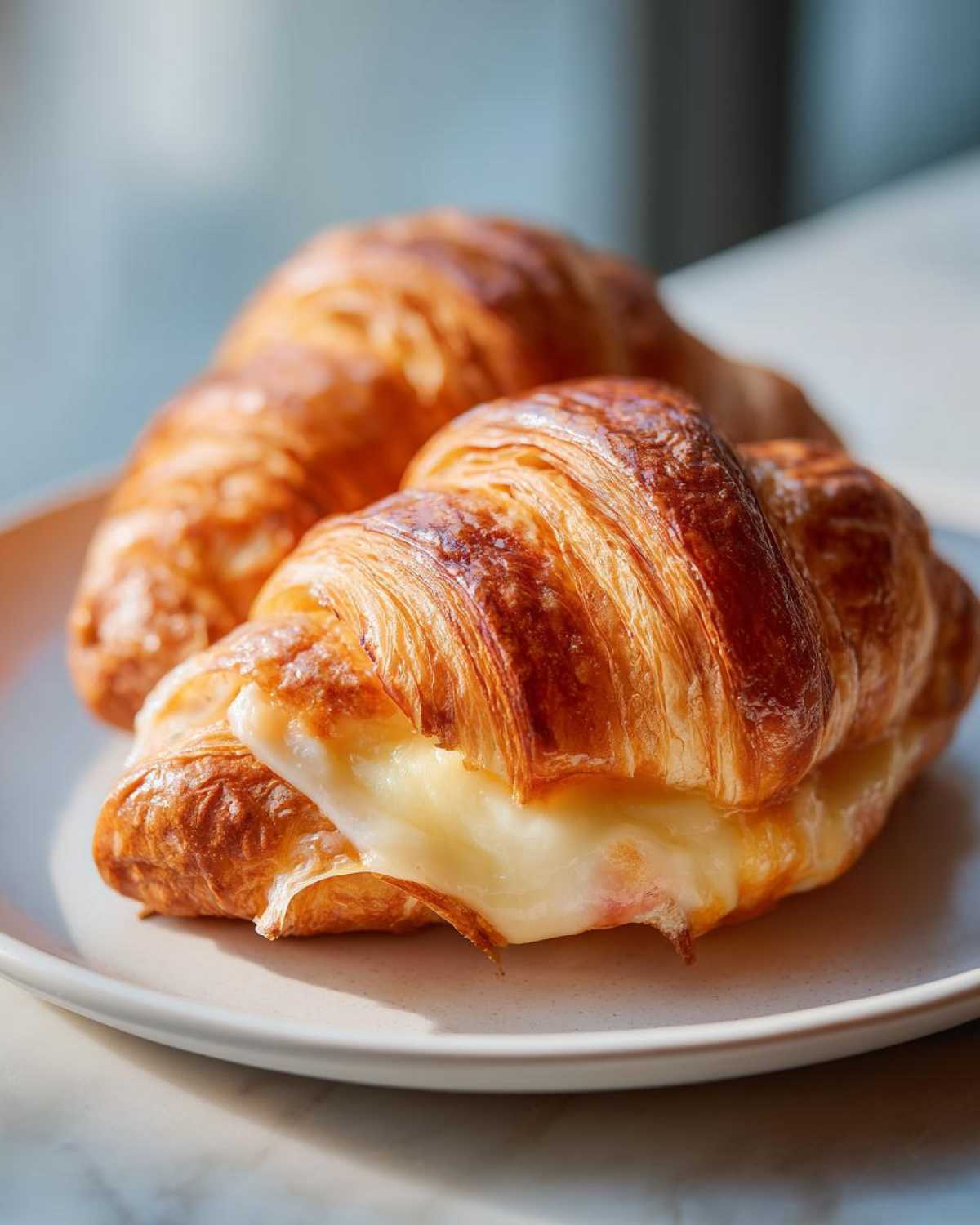 Close-up of a golden brown baked ham and cheese croissant with melted cheese oozing out, served on a light plate.