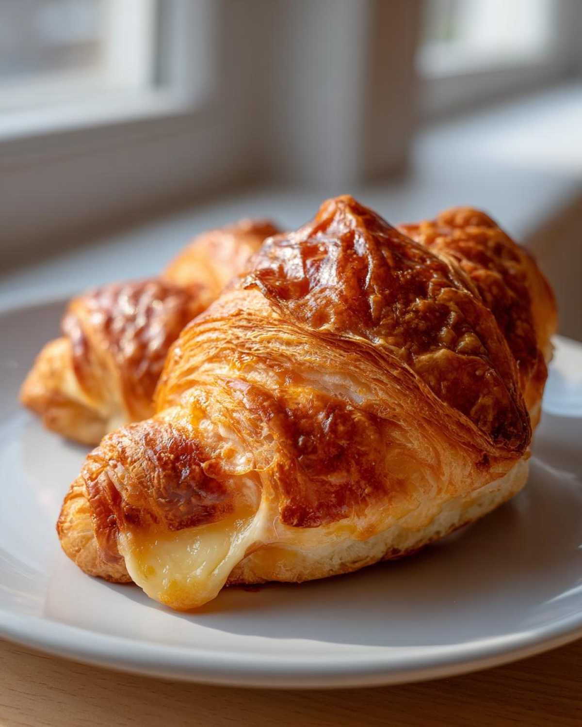 Close-up of a golden brown baked ham and cheese croissant showing flaky layers and melted cheese.