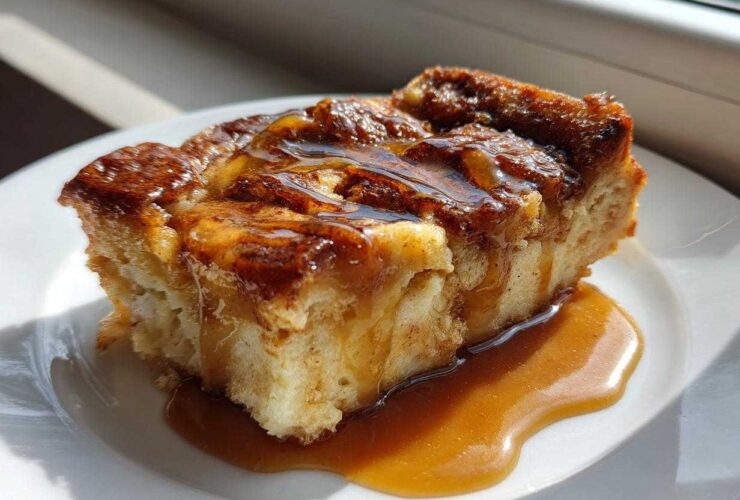 A square slice of gooey bread pudding topped with rich caramel sauce, served on a white plate.