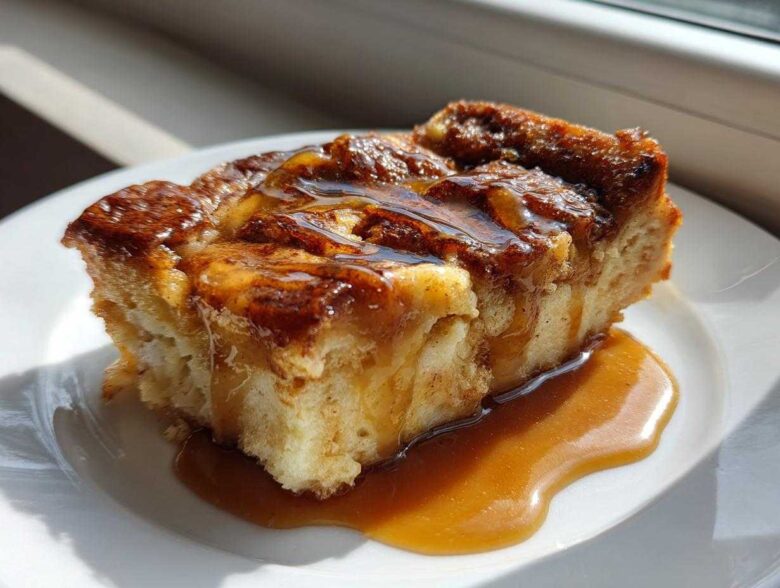 A square slice of gooey bread pudding topped with rich caramel sauce, served on a white plate.