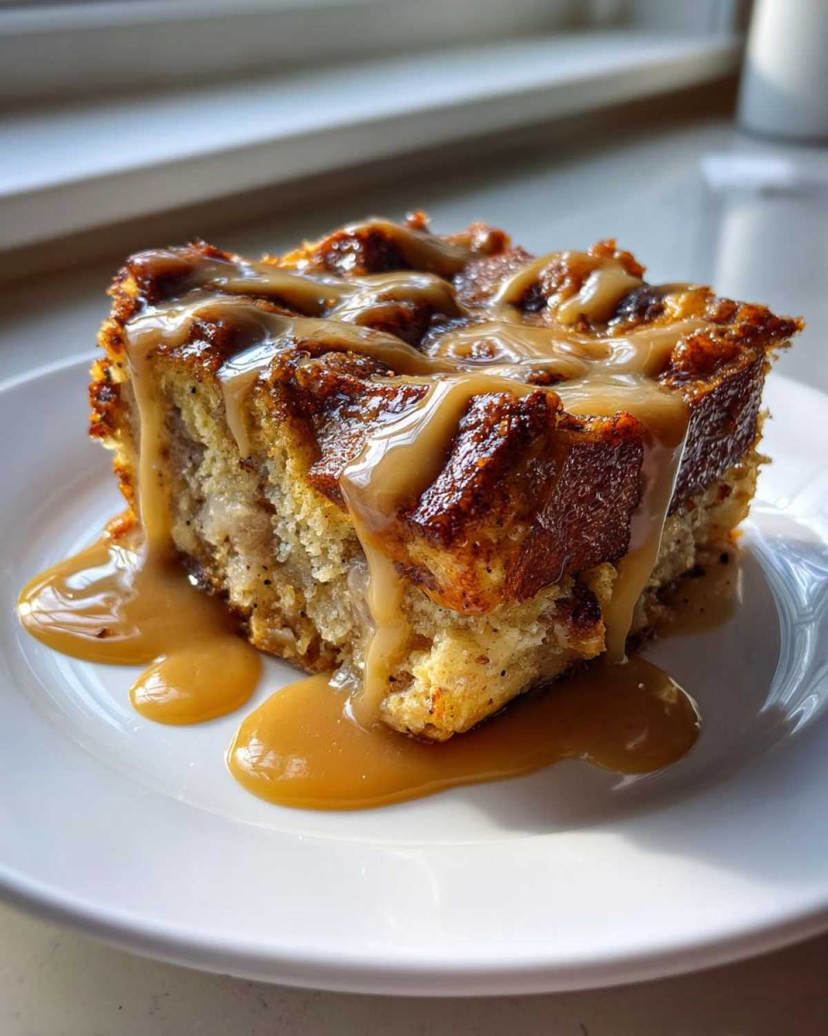 A square slice of rich, baked bread pudding topped generously with thick caramel sauce, served on a white plate.