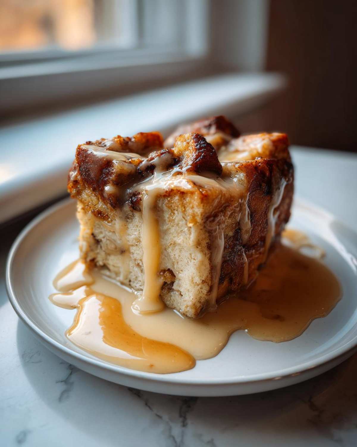 A decadent square portion of bread pudding generously drizzled with caramel sauce, served on a white plate.