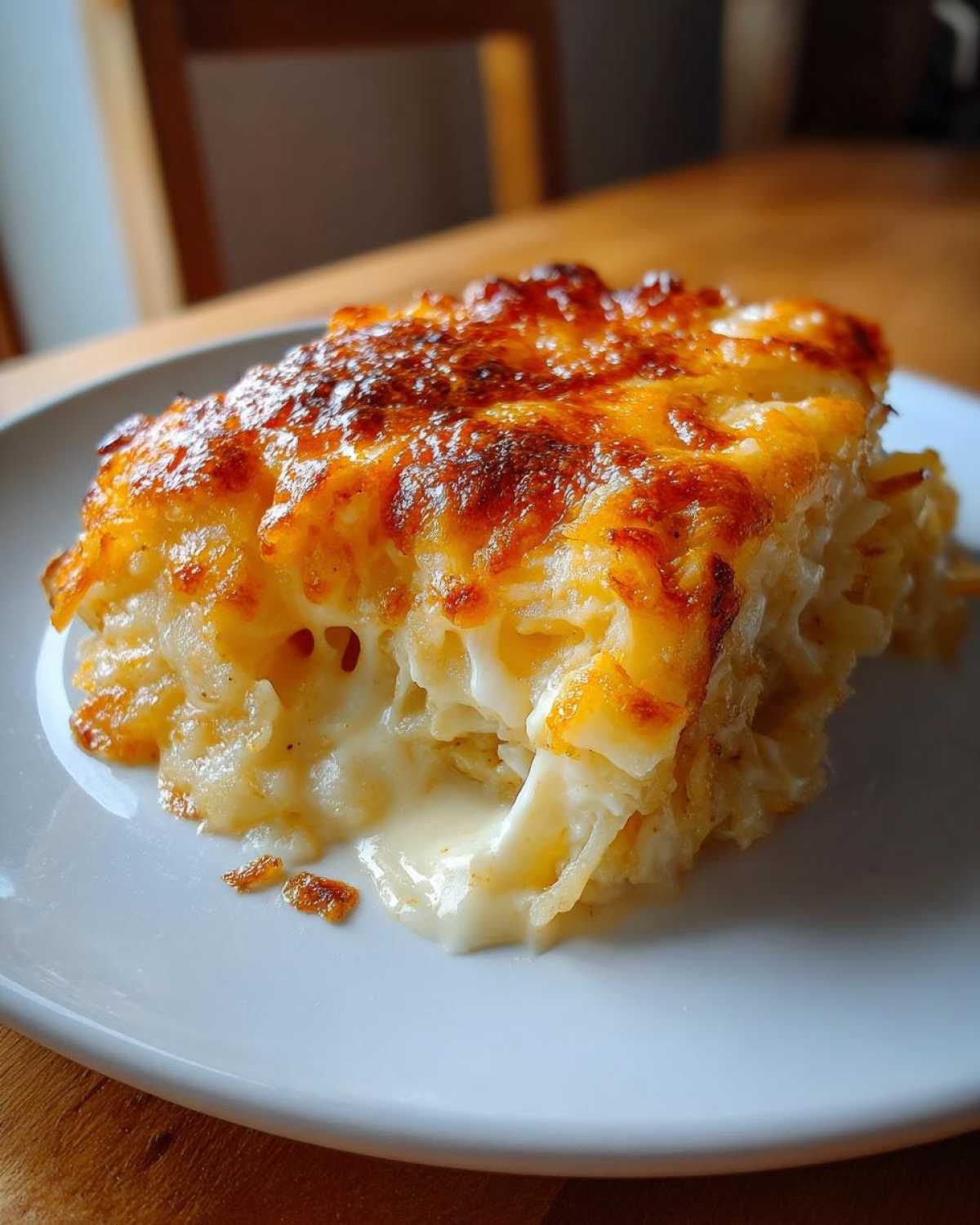 A close-up of a rich, baked cheesy potato casserole slice oozing melted cheese on a white plate.
