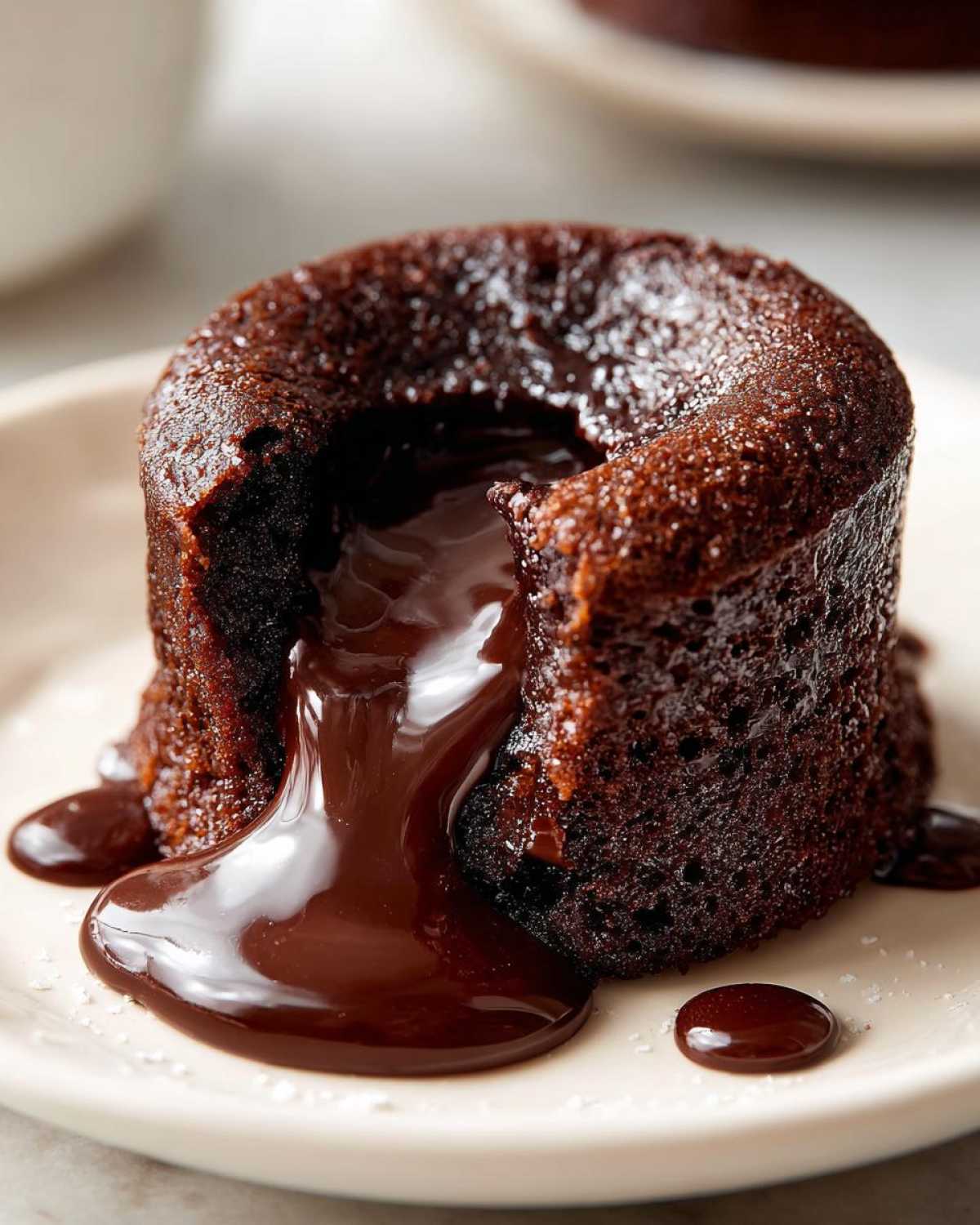 Close-up of a warm chocolate lava cake with its molten center oozing out onto a white plate.