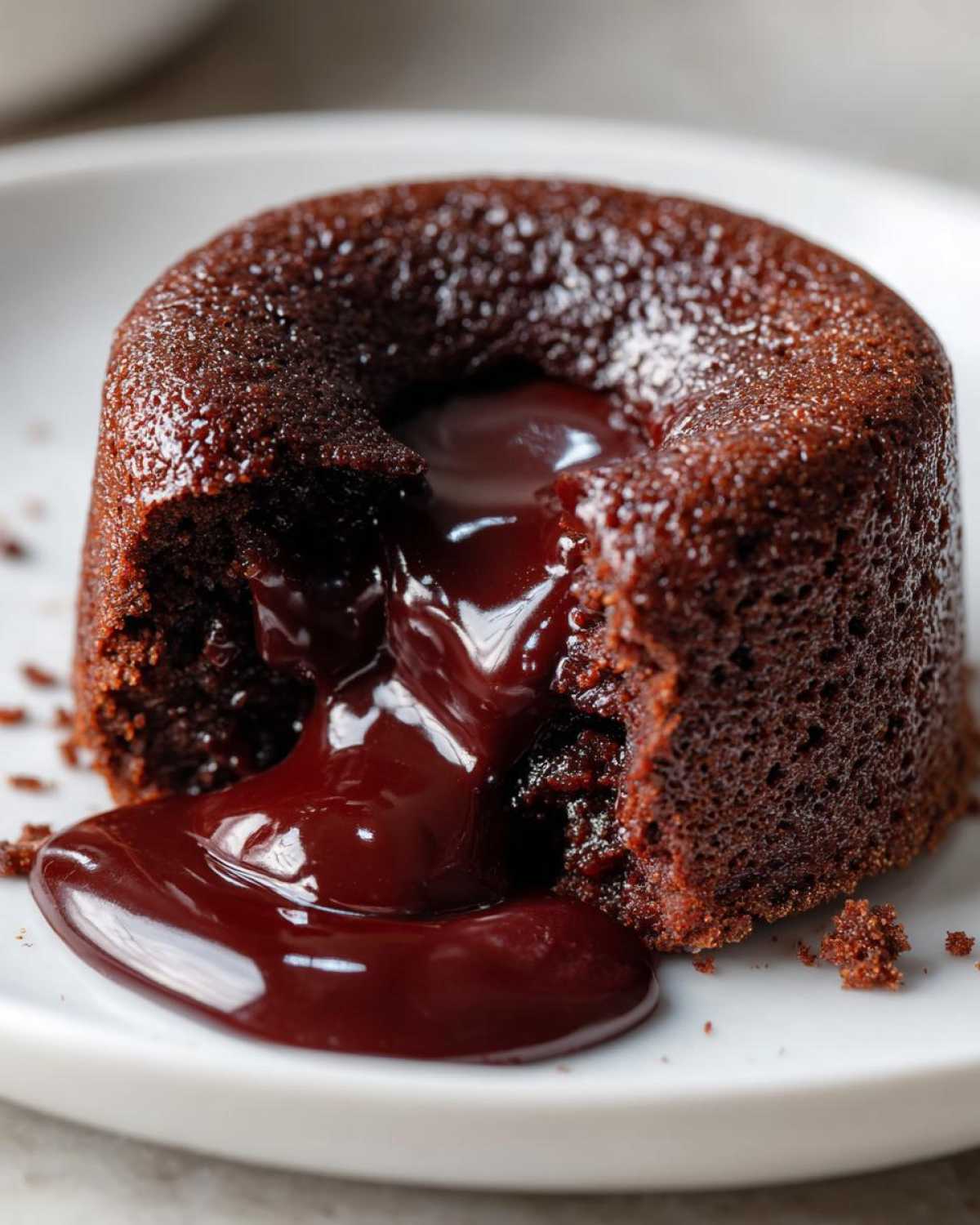 Close-up of a freshly baked chocolate lava cake with molten chocolate center oozing out onto a white plate.