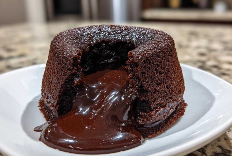 Close-up of a freshly baked chocolate lava cake with the molten center oozing out onto a white plate.