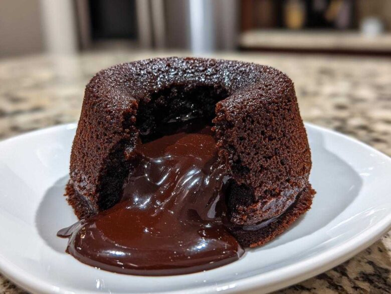Close-up of a freshly baked chocolate lava cake with the molten center oozing out onto a white plate.