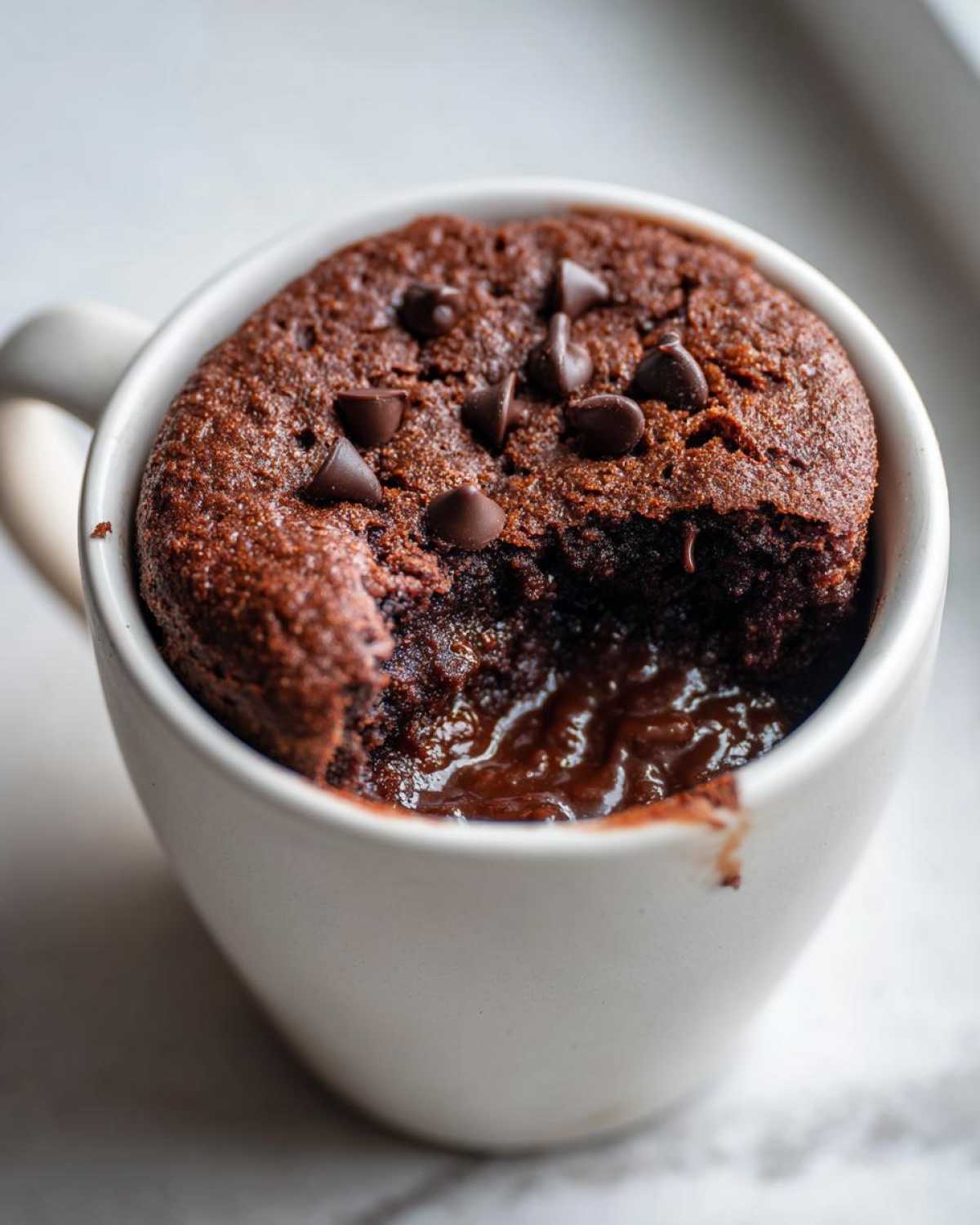 Close-up of a rich chocolate mug cake with chocolate chips, showing a molten, gooey center.