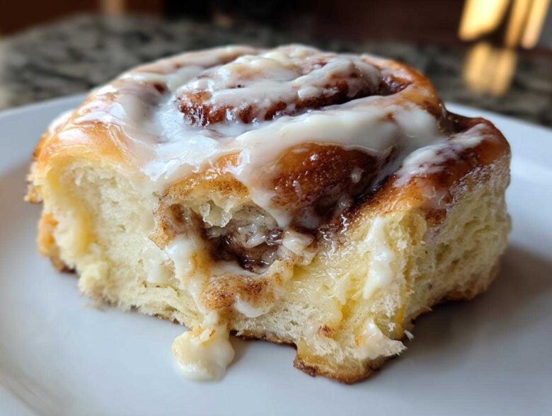 A close-up shot of a soft, freshly baked cinnamon roll topped with dripping white icing, showing the sweet cinnamon swirl inside.