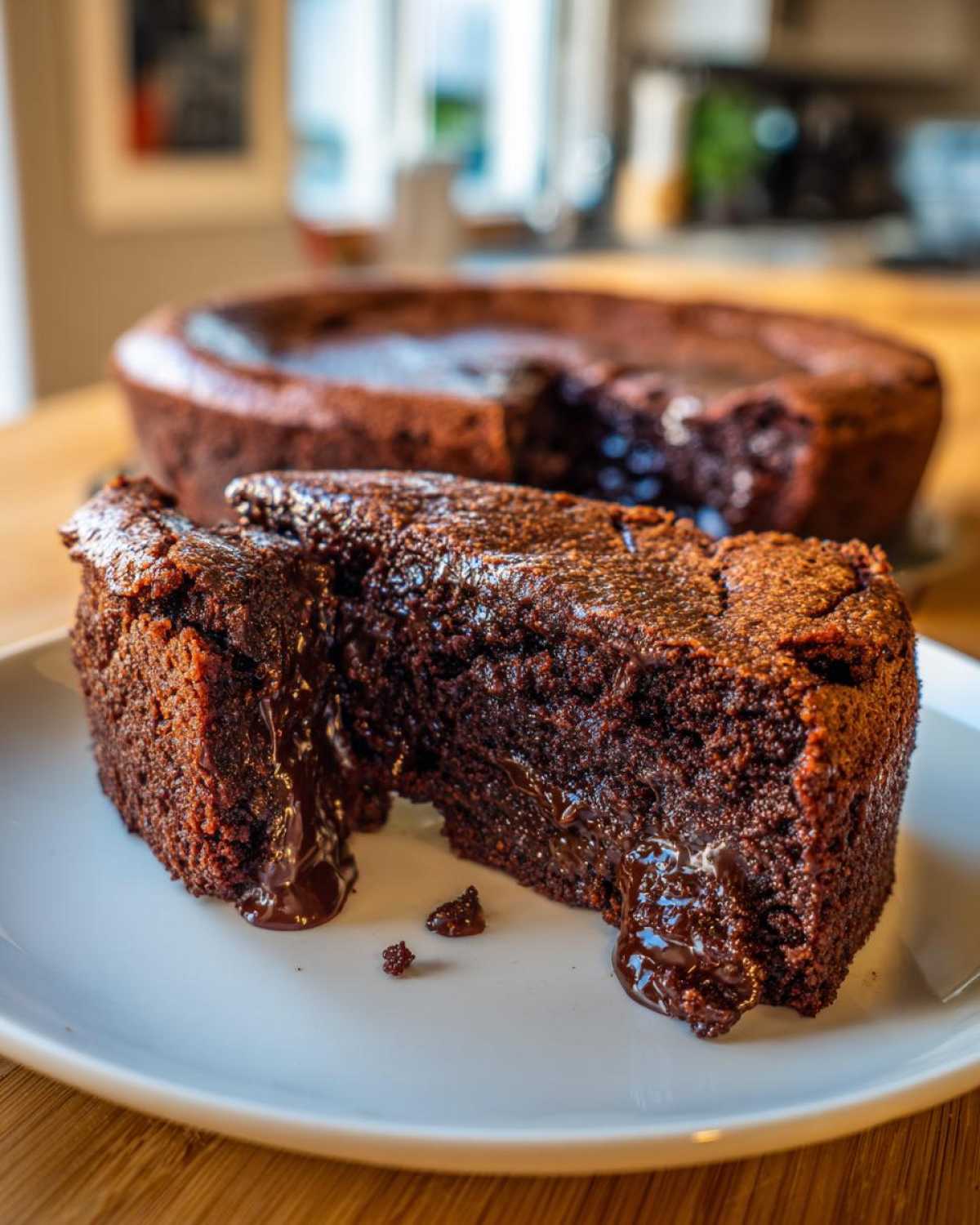 A thick slice of rich hot fudge pie oozing molten chocolate fudge onto a white plate.