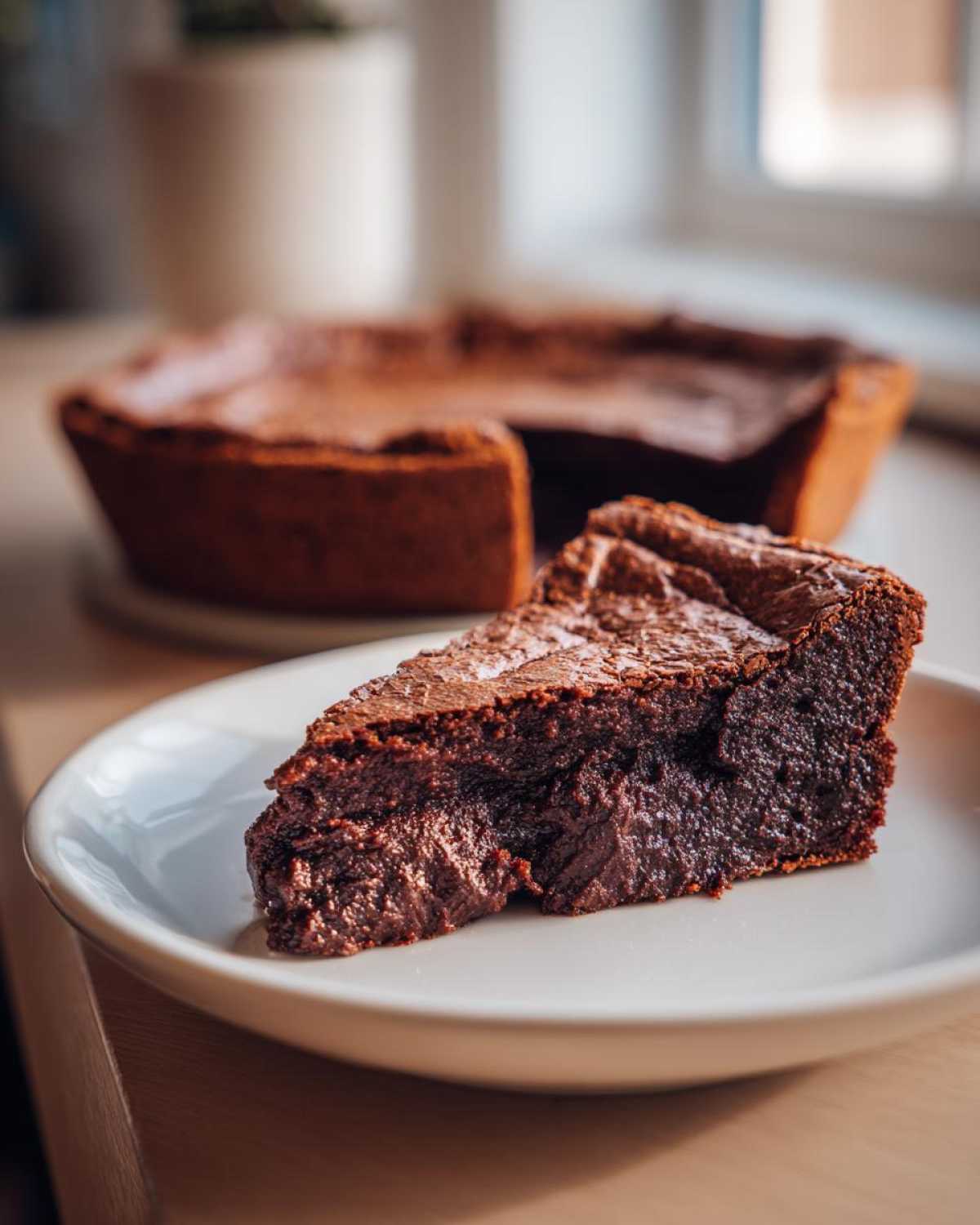 A close-up of a rich, gooey slice of hot fudge pie on a white plate.