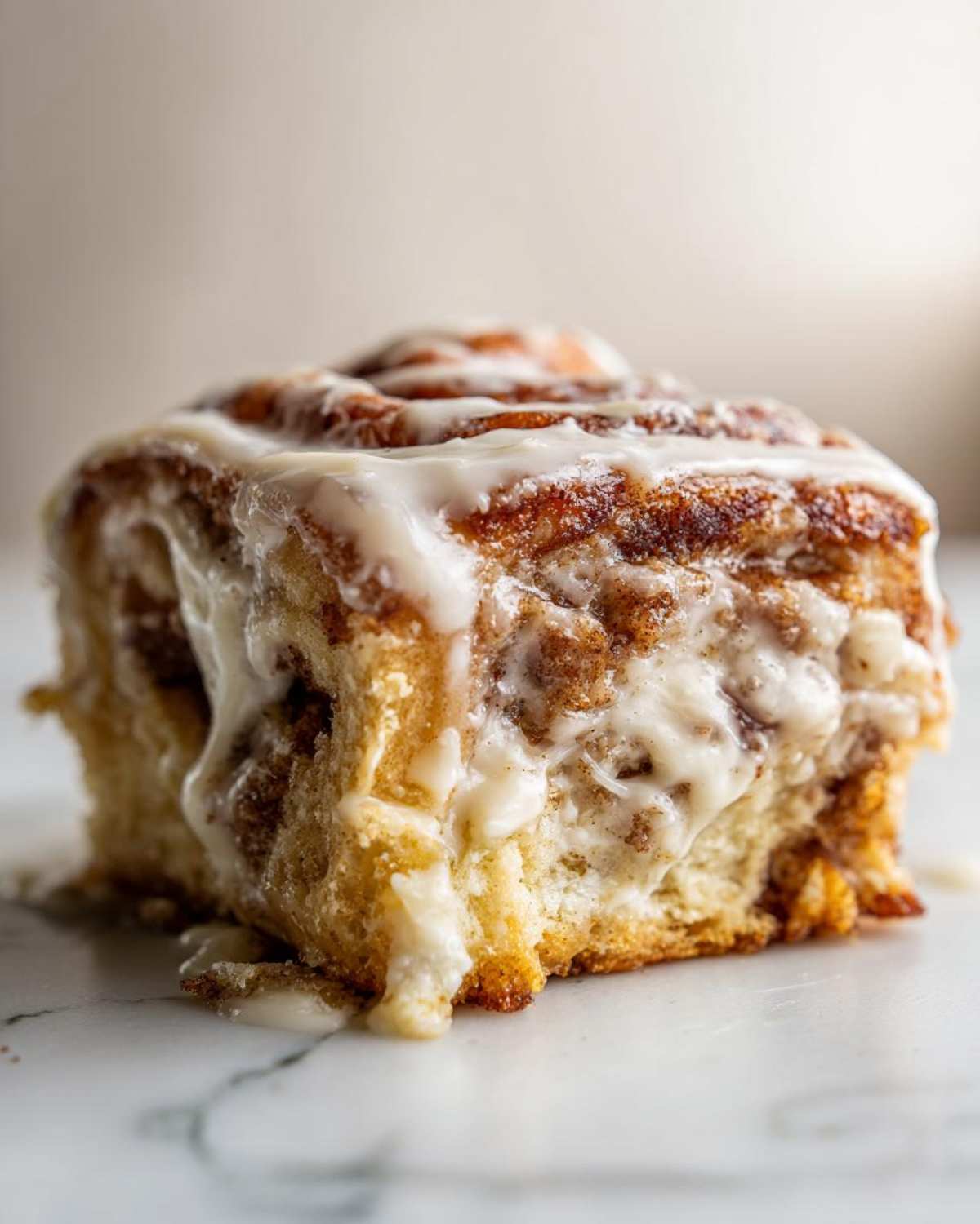 A close-up, vertical shot of a single, fluffy cinnamon roll generously topped with dripping white cream cheese frosting.