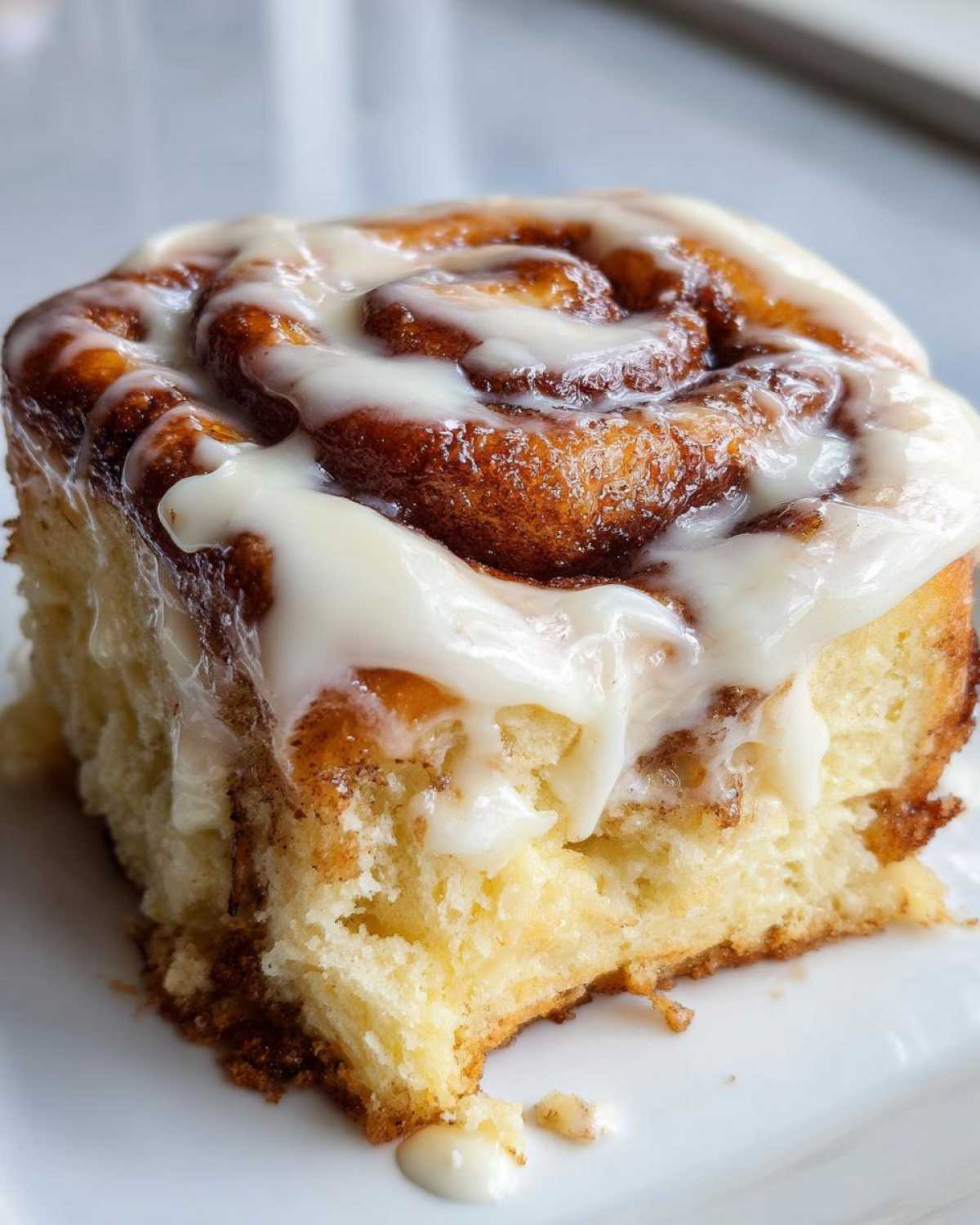 A close-up of a soft, fluffy slice of cinnamon roll generously topped with dripping white cream cheese icing.