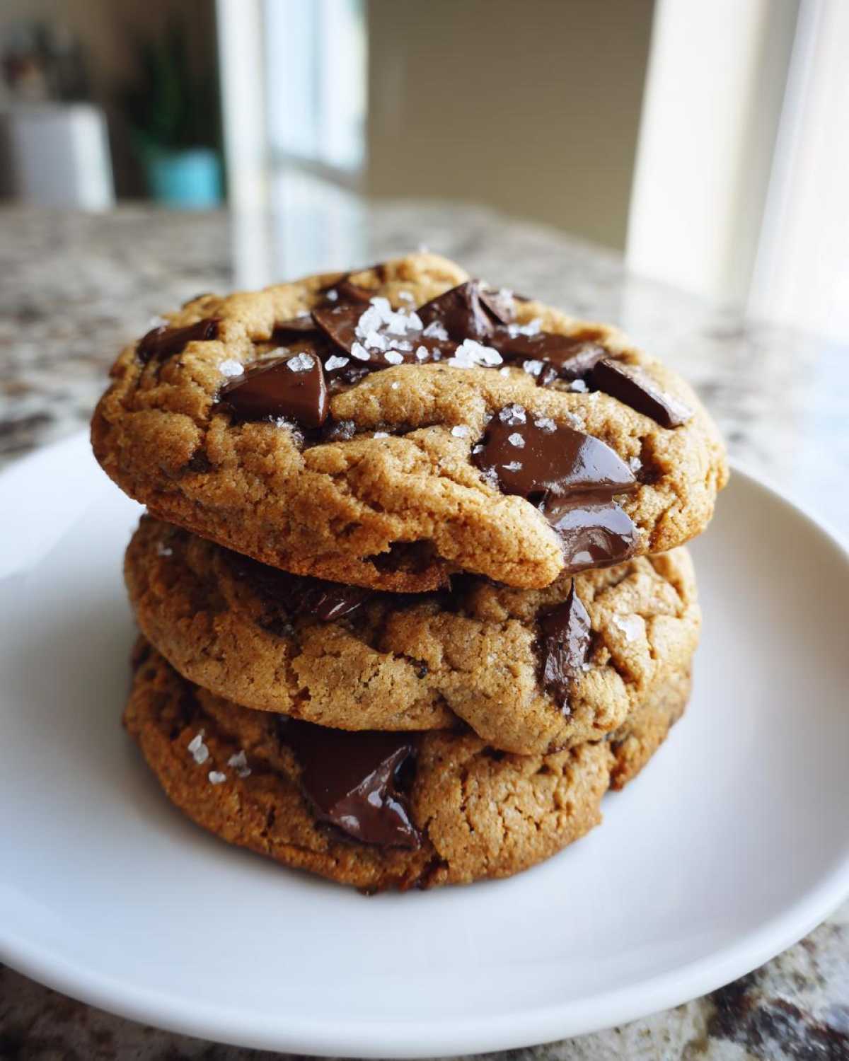 A stack of three thick, chewy chocolate chip cookies topped with melted chocolate chunks and flaky sea salt.