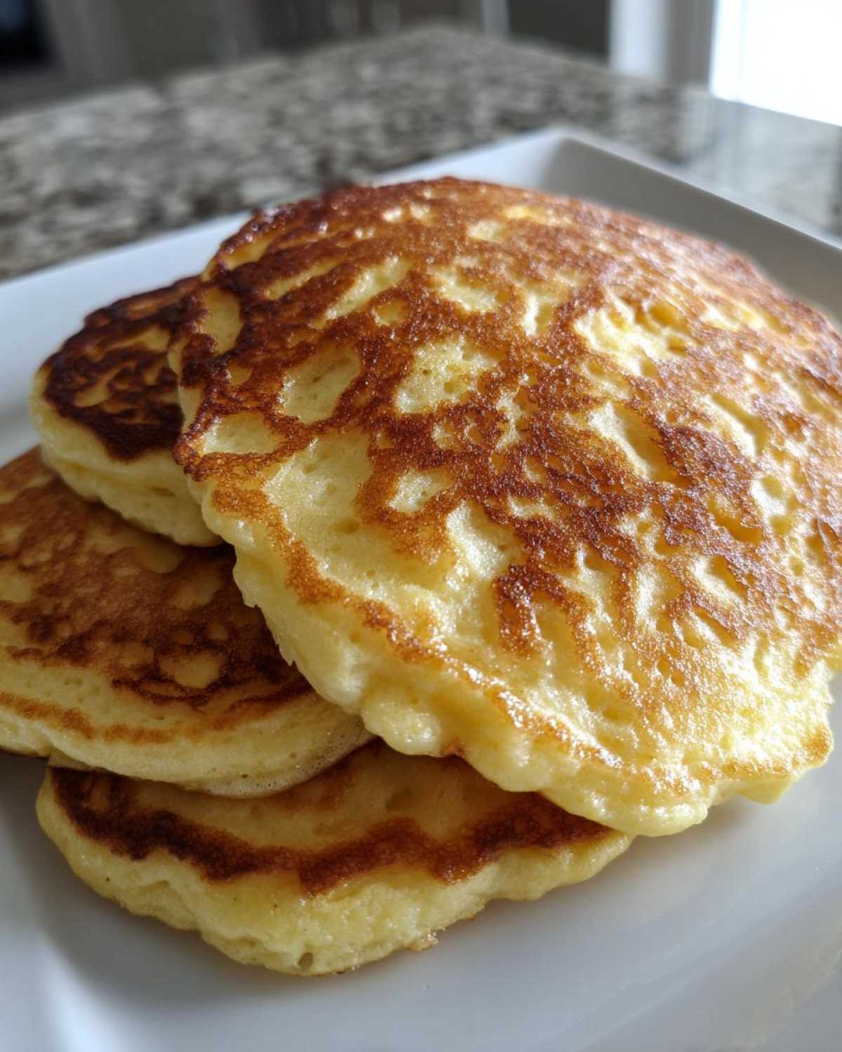 Close-up of a stack of fluffy, golden brown greek yogurt pancakes on a white plate.