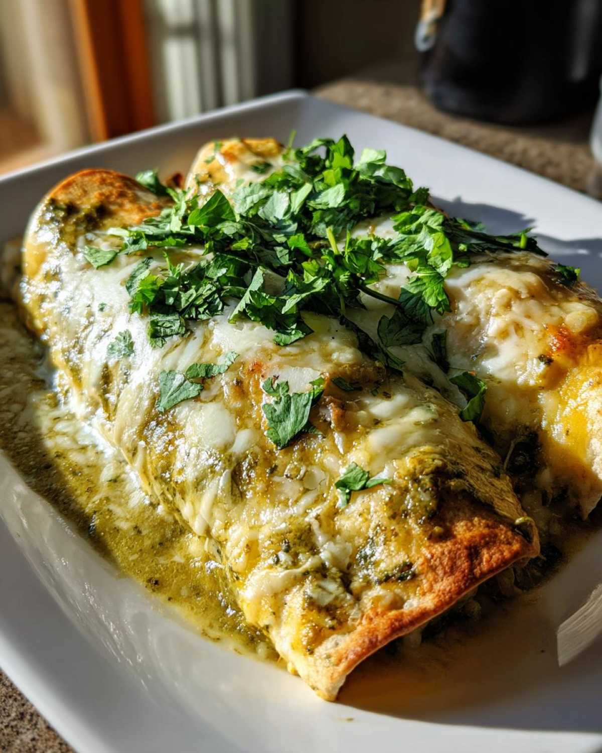 Close-up of two green chile chicken enchiladas smothered in melted white cheese and fresh cilantro.