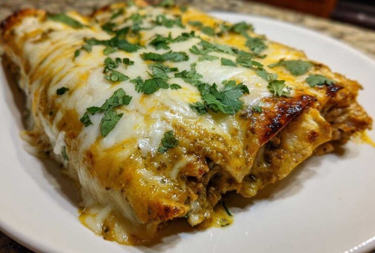 Close-up of baked green chile chicken enchiladas topped with melted white cheese and fresh cilantro.