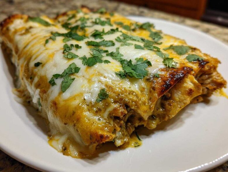 Close-up of baked green chile chicken enchiladas topped with melted white cheese and fresh cilantro.
