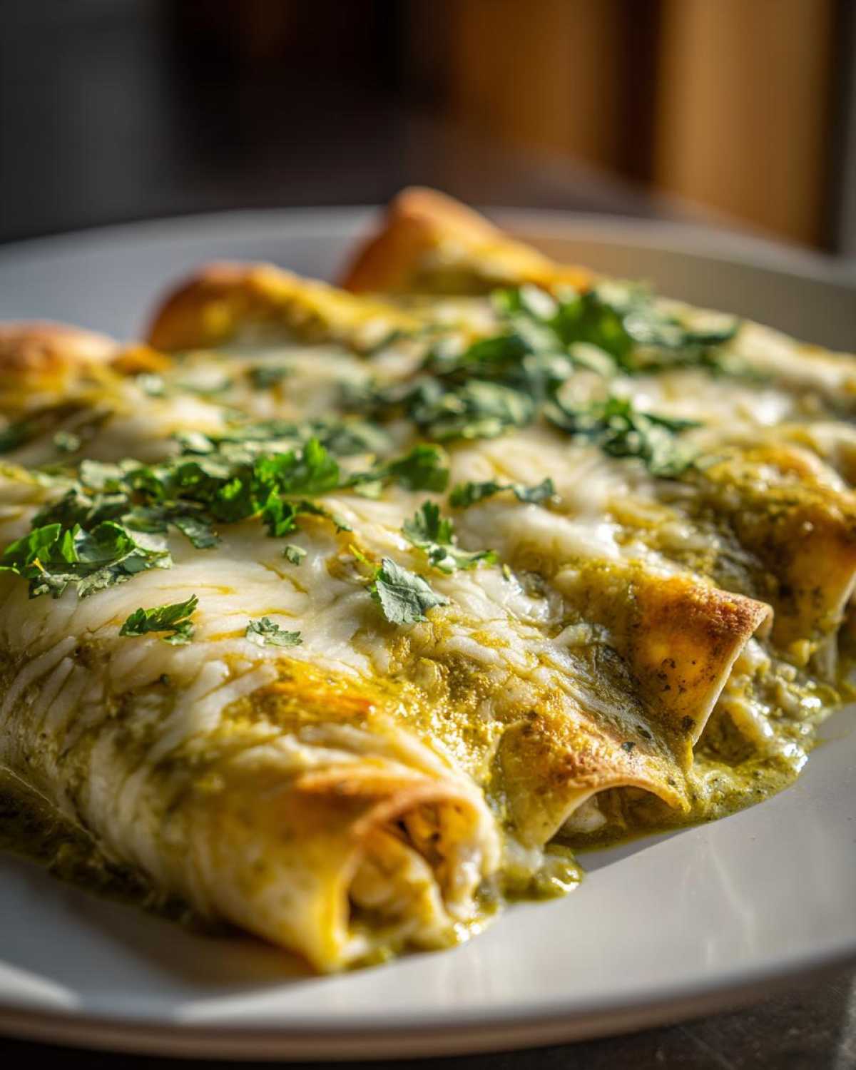 Close-up of three green chile chicken enchiladas covered in melted white cheese and fresh cilantro.