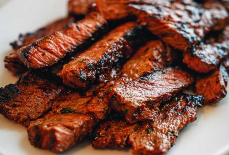 Close-up of sliced, grilled carne asada steak showing a juicy interior, prepared with the best carne asada marinade.