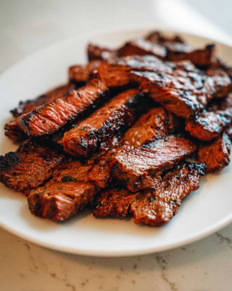 Close-up of sliced, grilled carne asada steak showing a juicy interior, prepared with the best carne asada marinade.