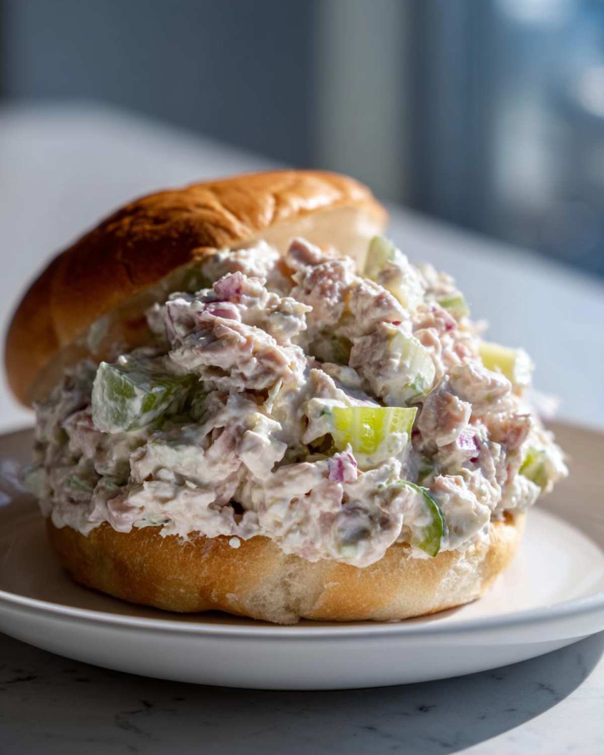 A close-up of a soft bun overflowing with creamy ham salad recipe filling, featuring visible chunks of ham, celery, and red onion.